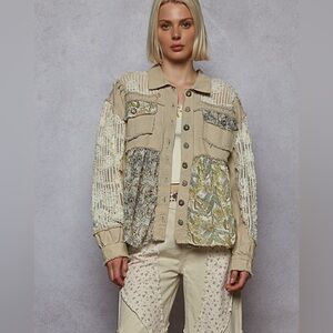 POL Medium Powder Gray Denim Utility Patchwork Jacket Floral Print
